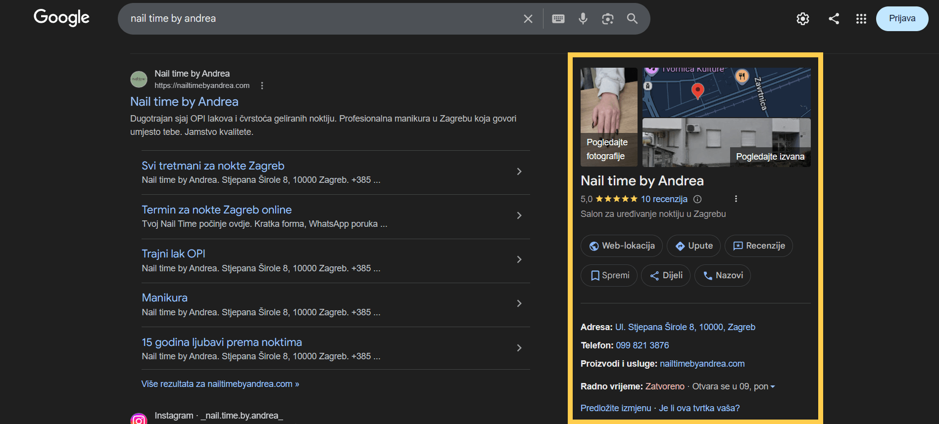 Primjer Google Business profila